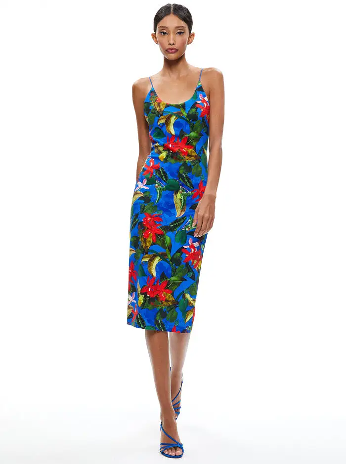 Alice + Olivia - Delora spaghetti Strap Fitted Midi Dress - Tropical Sunrise Sapphire