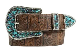 ANGEL RANCH AZTEC TOOLED CHIPPED TURQUOISE BELT