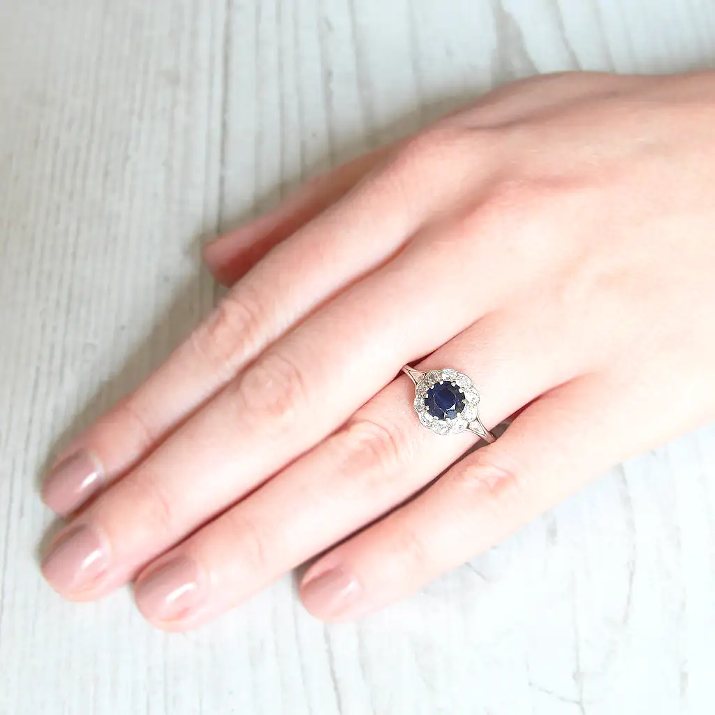 Antique 0.85 Carat Sapphire and Old Cut Diamond Cluster