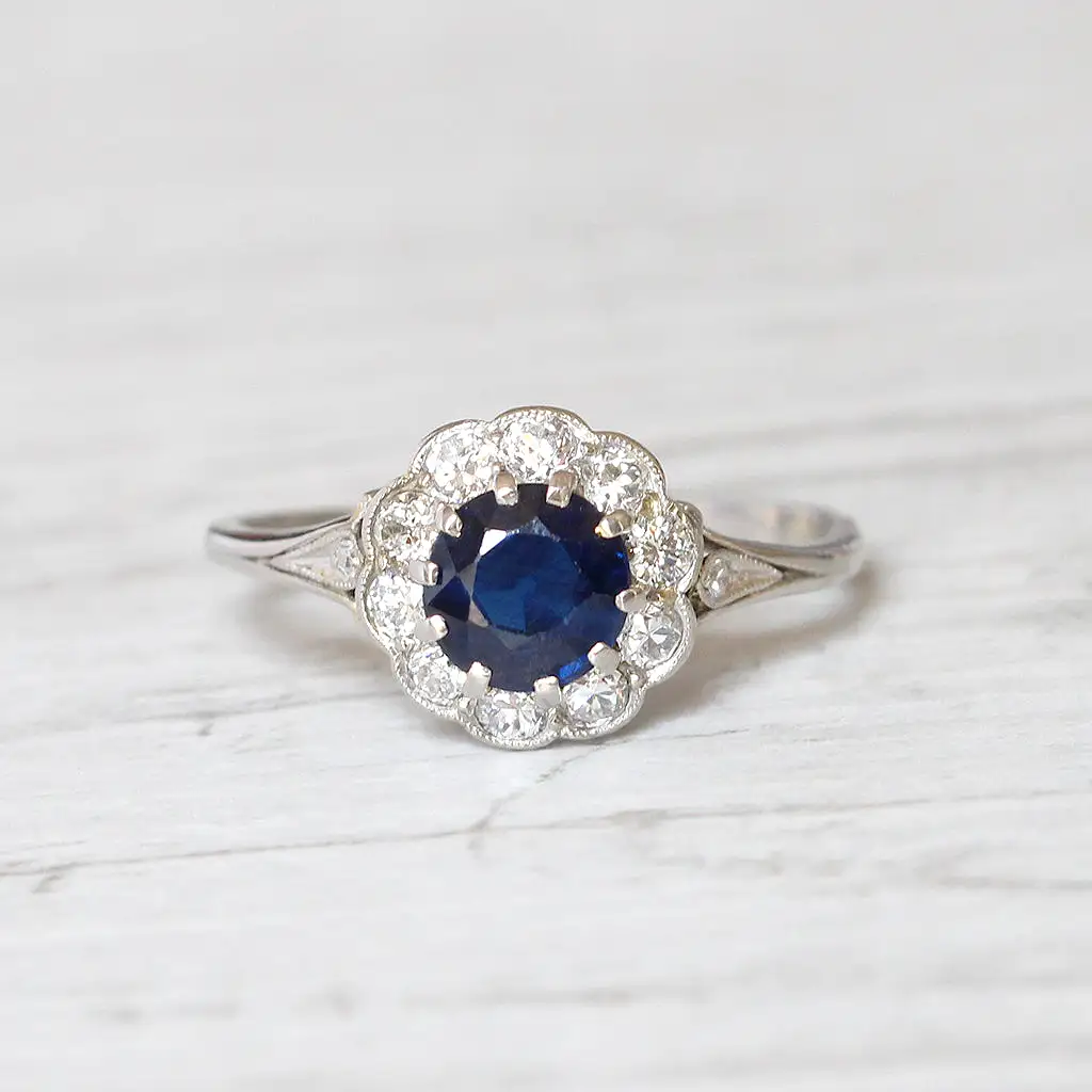 Antique 0.85 Carat Sapphire and Old Cut Diamond Cluster