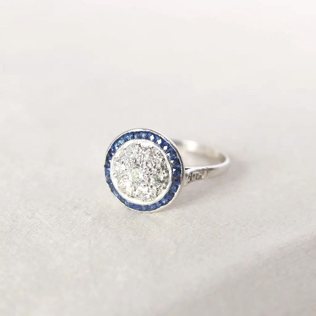 Art Deco Old Cut Diamond and Sapphire Target Cluster