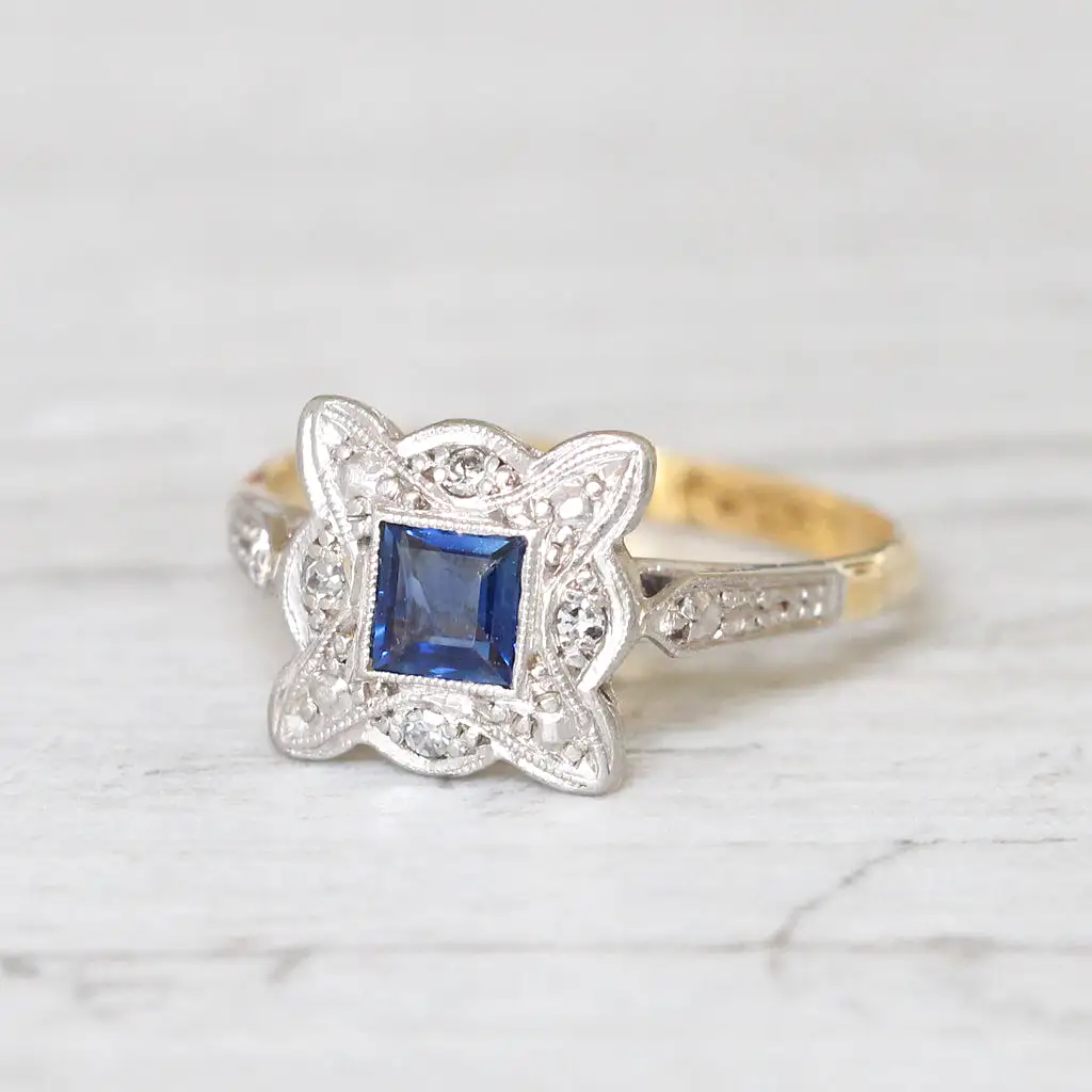 Art Deco Square Sapphire and Diamond Cluster Ring