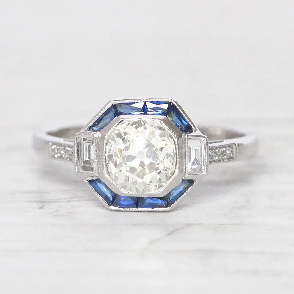 Art Deco Style 0.98 Carat Old European Cut Diamond and Sapphire Halo Cluster