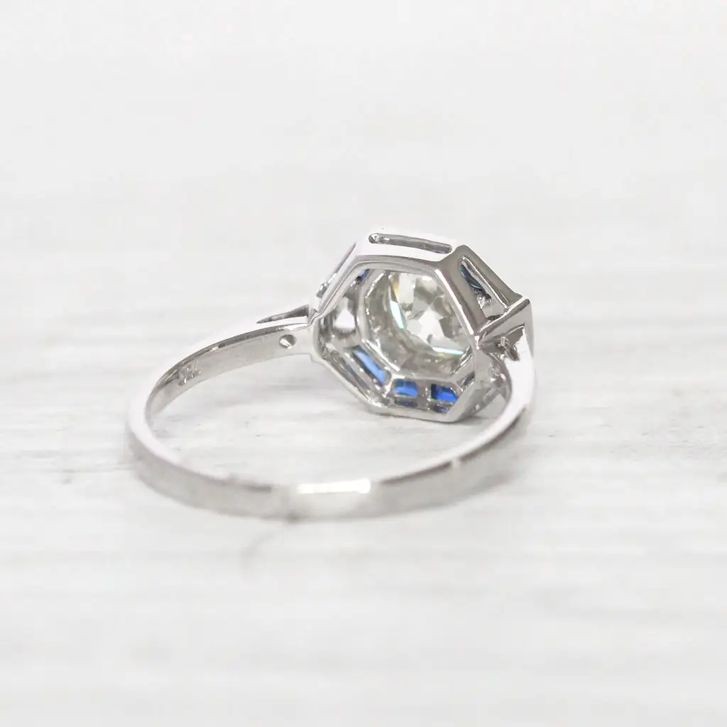 Art Deco Style 0.98 Carat Old European Cut Diamond and Sapphire Halo Cluster