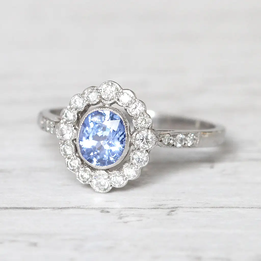 Art Deco Style 1.05 Carat Cornflower Blue Sapphire and Diamond Cluster