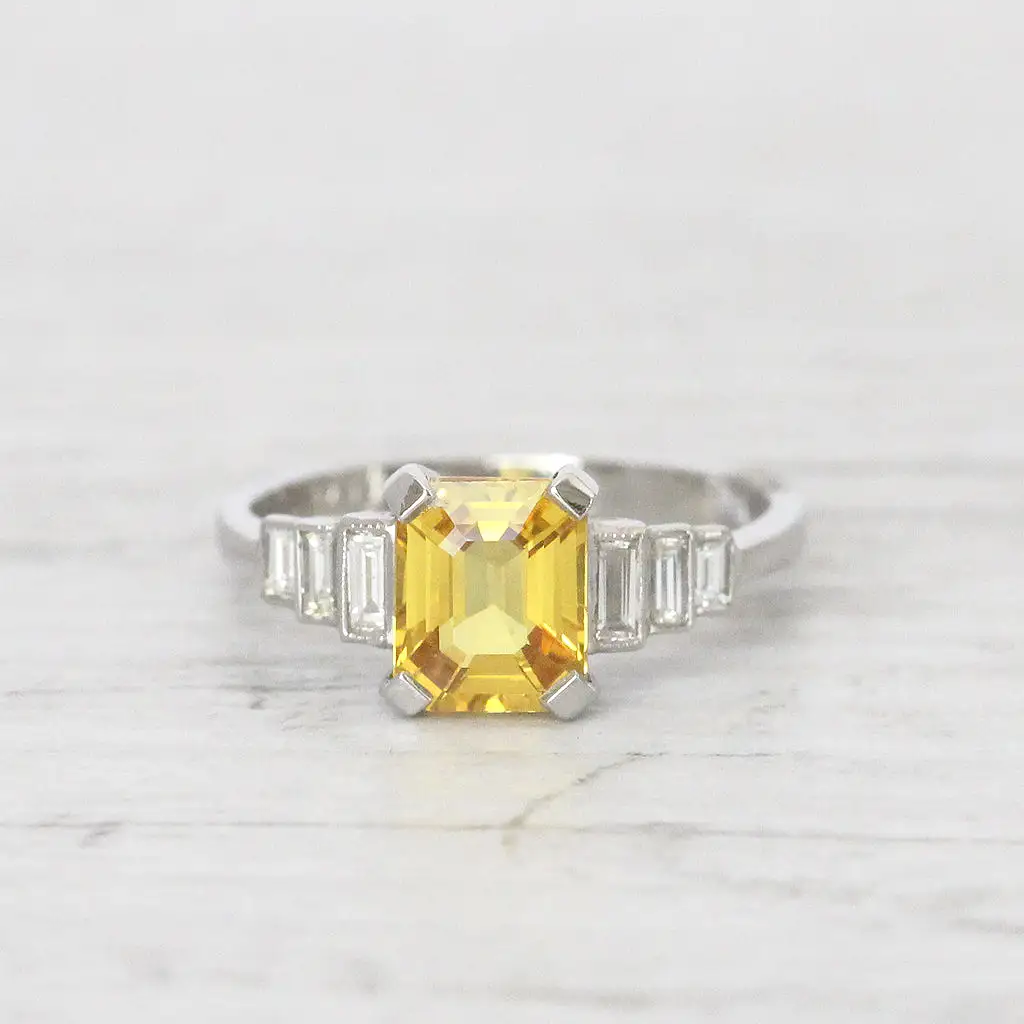 Art Deco Style 2.10 Carat Yellow Sapphire and Diamond Ring