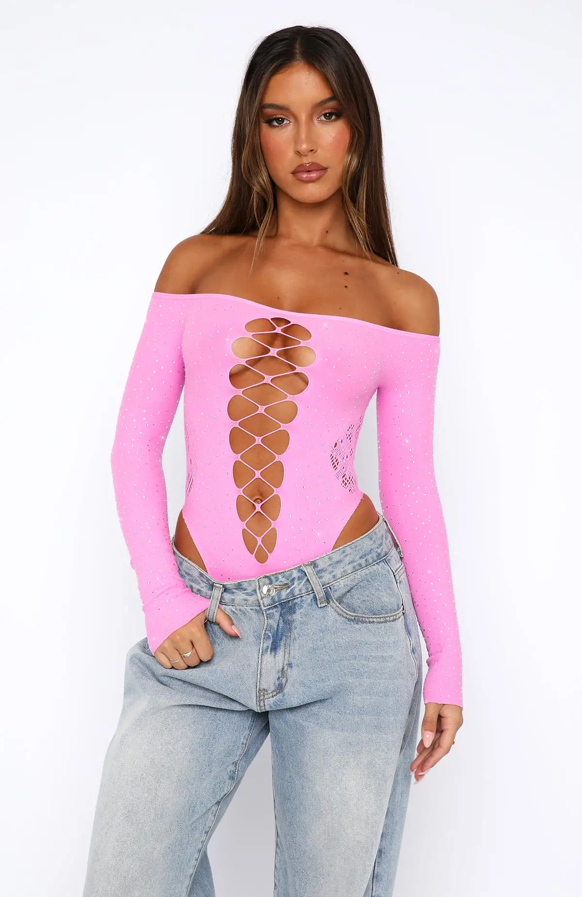 Atmosphere Embellished Long Sleeve Bodysuit Candy Pink