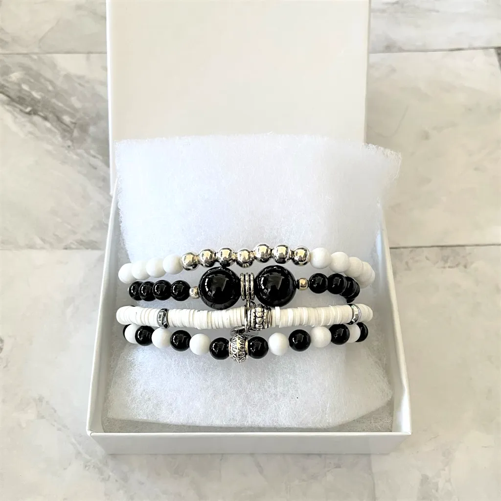 Black and White Silver Beaded Bracelet Stack