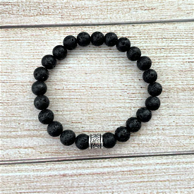 Black Lava Beaded Mens Bracelet with Silver Bead