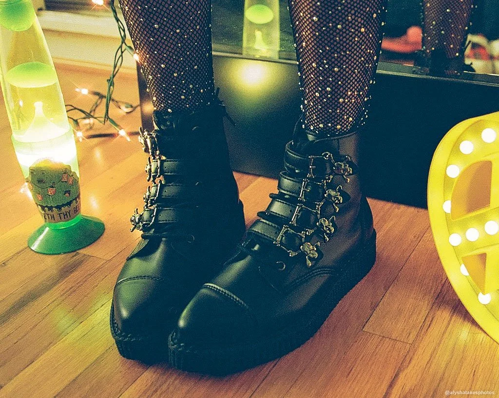 Black TUKskin Skull Buckle Pointed Boot