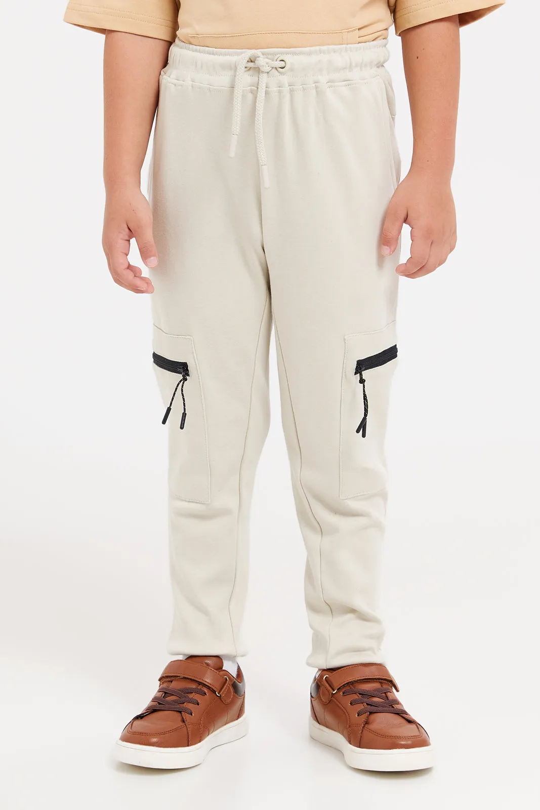 Boys Beige Cargo Pocket Jogger Pants