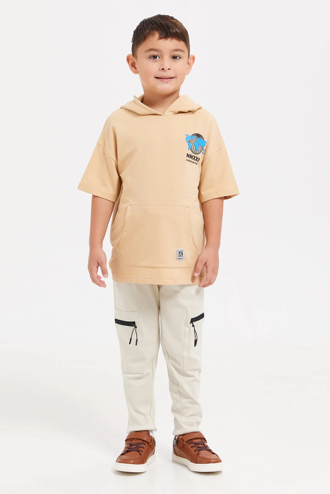 Boys Beige Cargo Pocket Jogger Pants