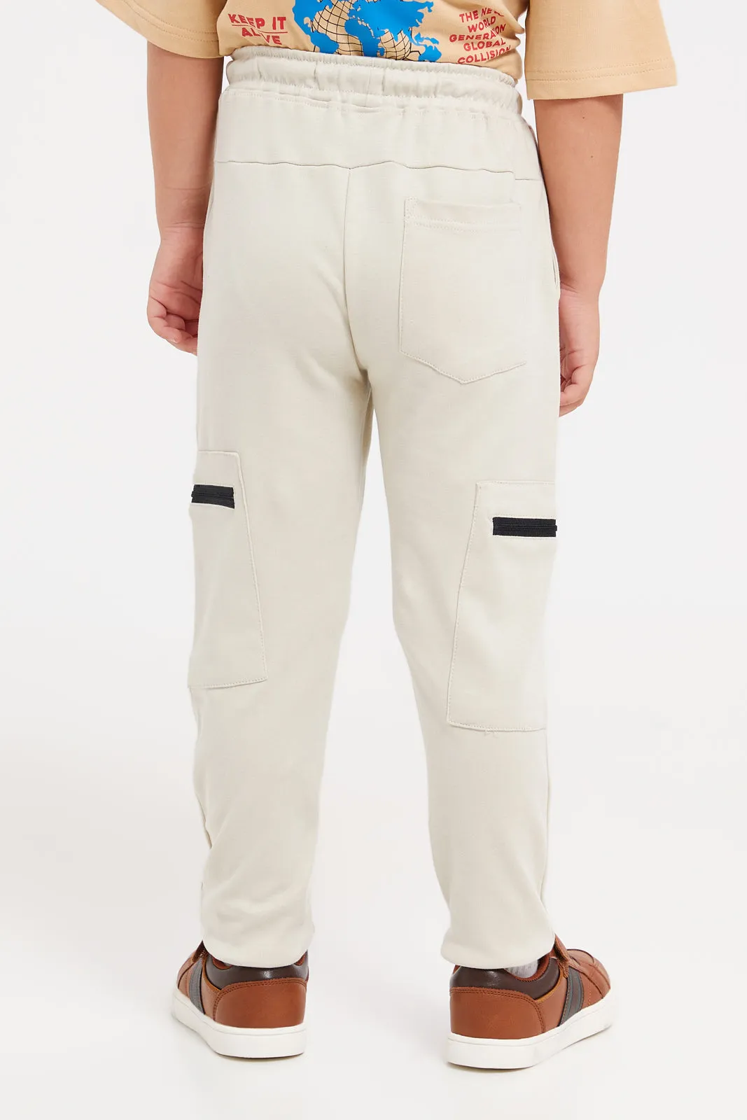 Boys Beige Cargo Pocket Jogger Pants