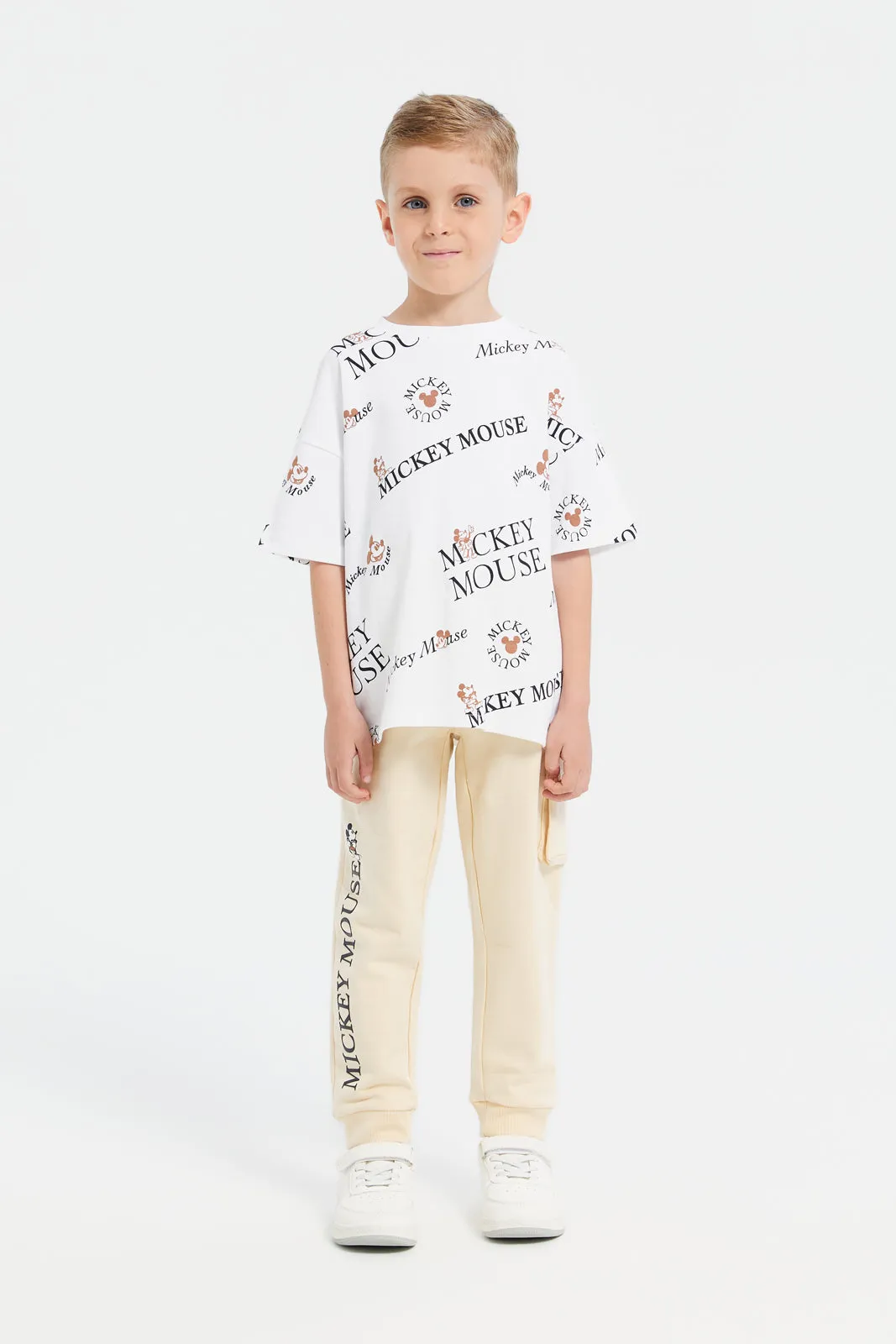 Boys Beige Mickey Mouse Printed Jog Pants