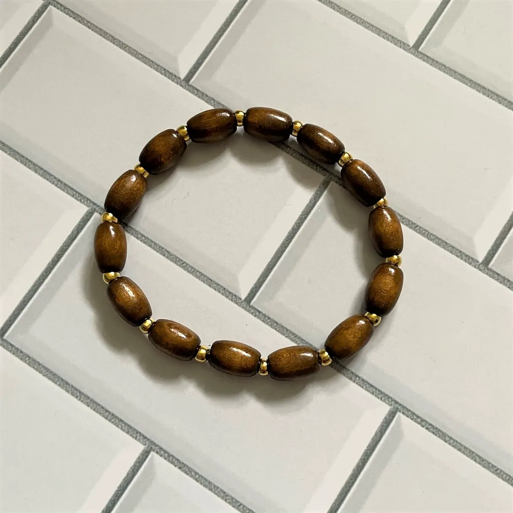 Brown Wood Barrel and Gold Beaded Mens Bracelet