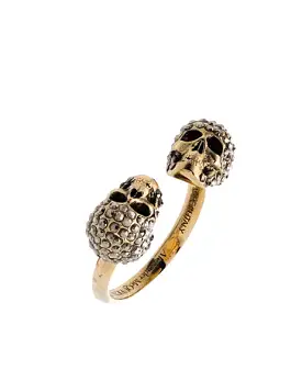 Crystal Twin Skull Ring, Gold