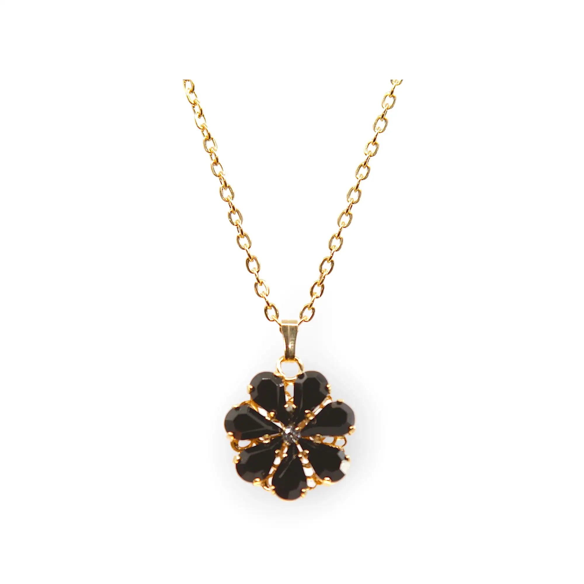 Daisy Pendant Necklace With Crystal Drops In Onyx Shades.