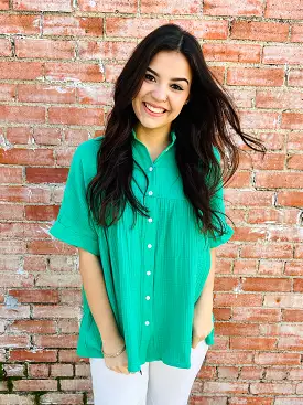 Distracted By You Button Down Babydoll Top  Kelly Green