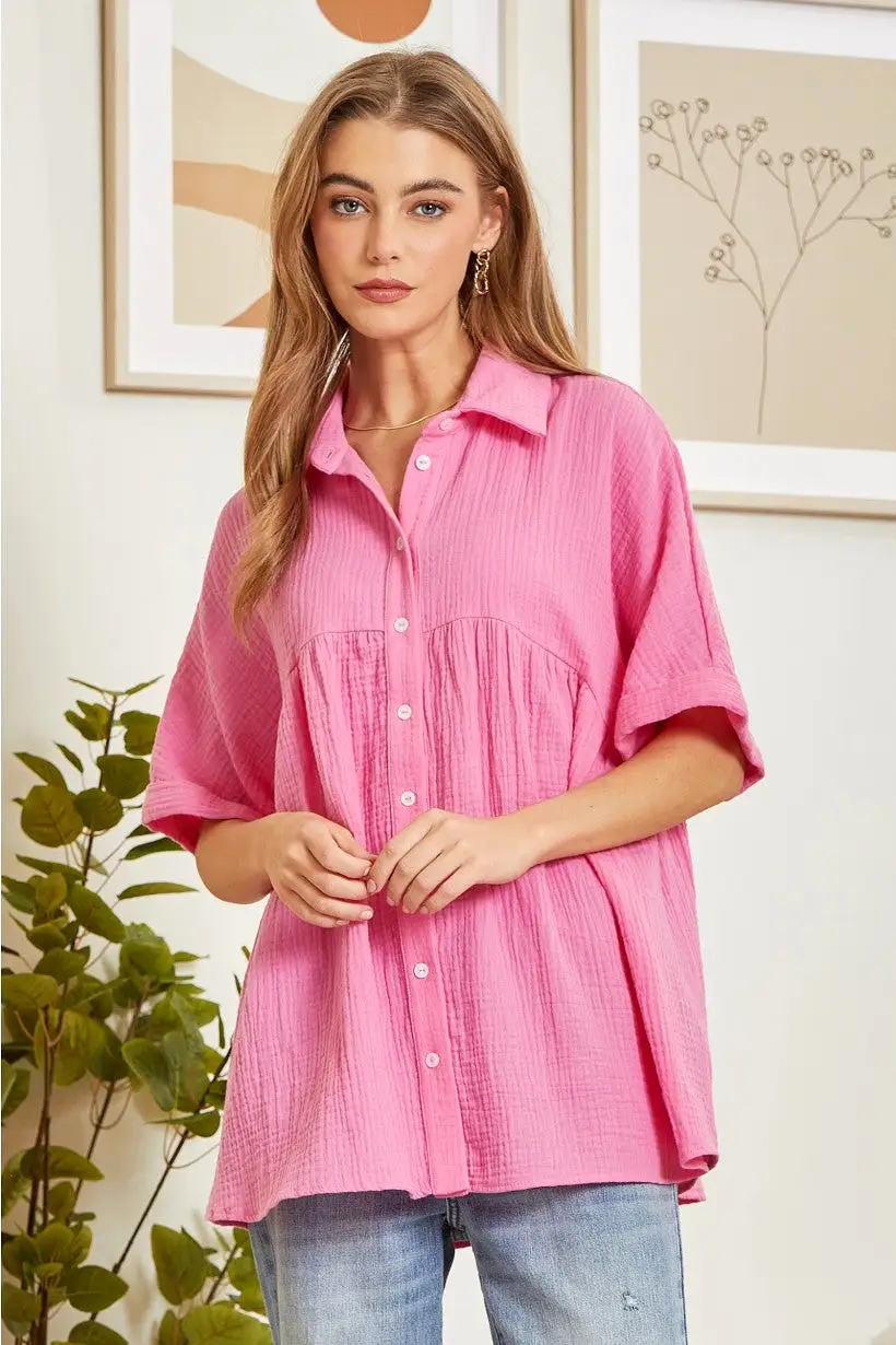 Distracted By You Button Down Babydoll Top  Pink