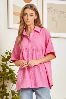 Distracted By You Button Down Babydoll Top  Pink