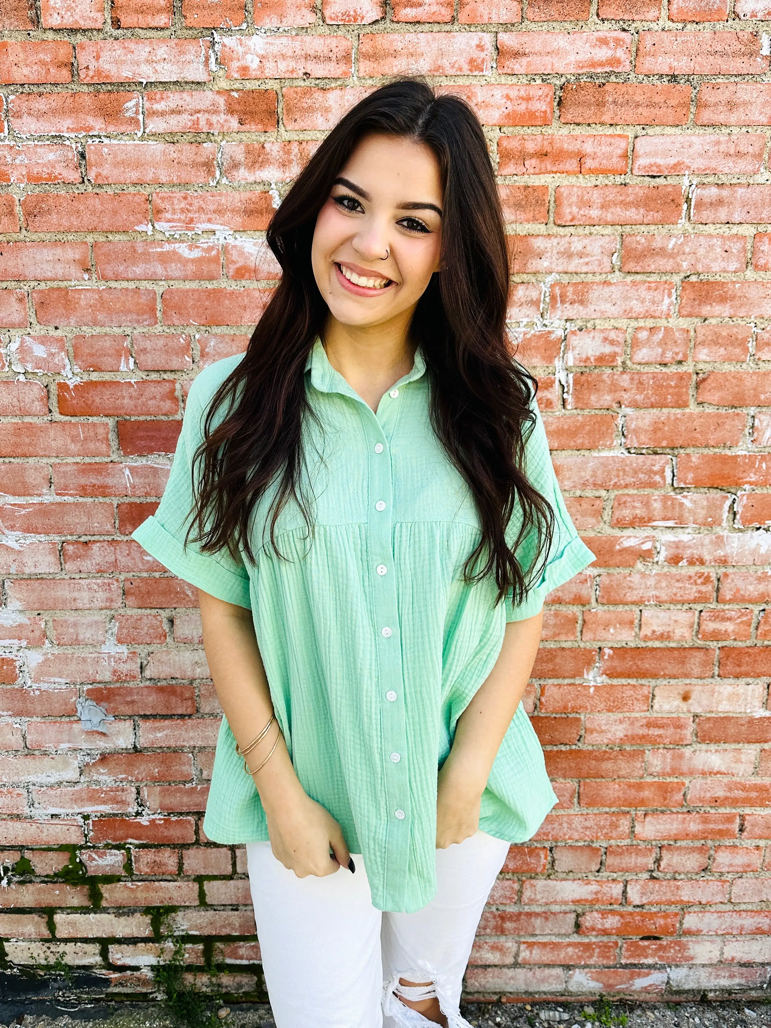 Distracted By You Button Down Babydoll Top  Sage Green