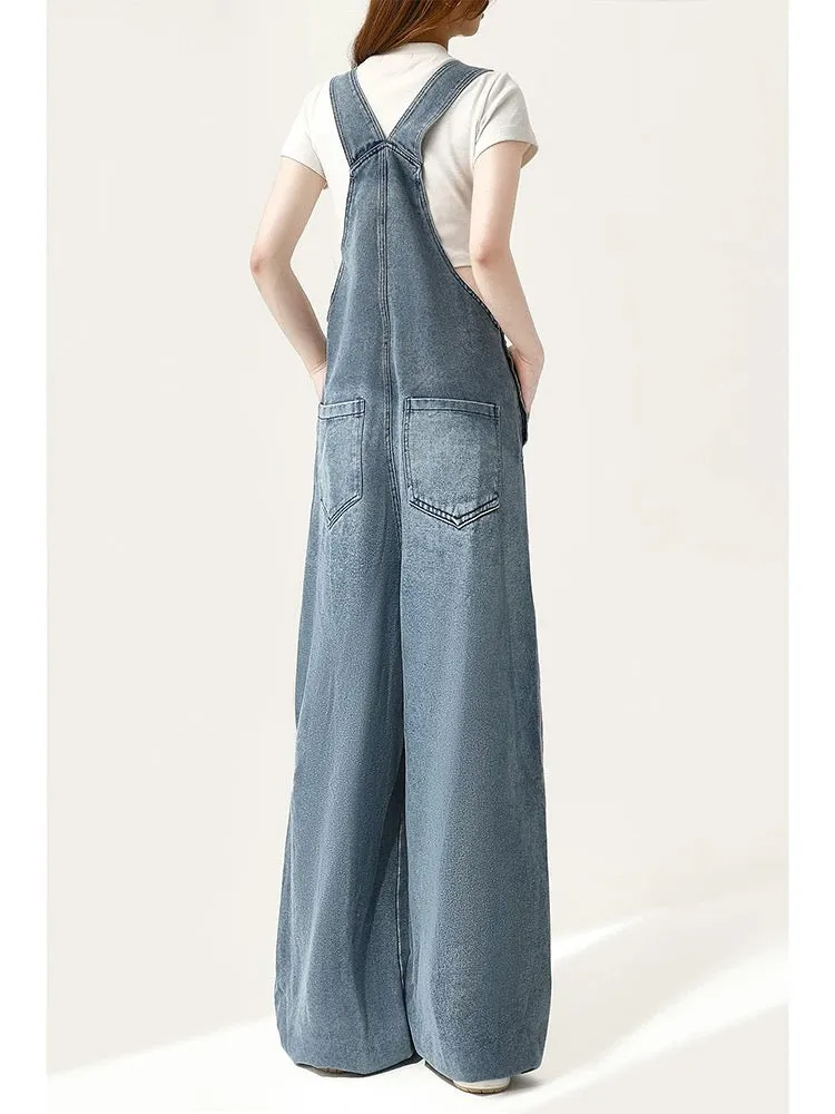 Dopamine milk fufu denim overalls for women 2024 new summer small wide-legged loose one-piece long pants