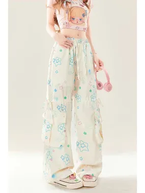 Dopamine star printed American overalls for women 2024 new summer quick-drying casual loose wide-leg pants