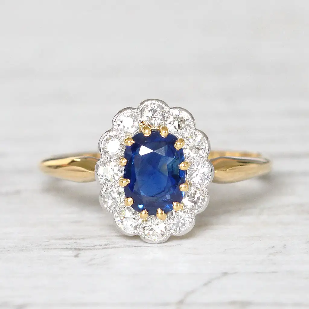 Edwardian 0.90 Carat Sapphire and Old Cut Diamond Cluster Ring