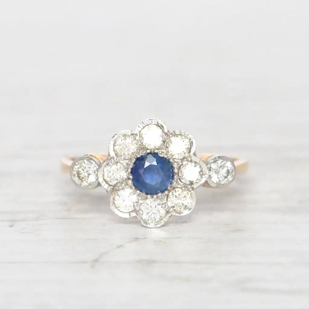 Edwardian Sapphire and Diamond Daisy Cluster Ring