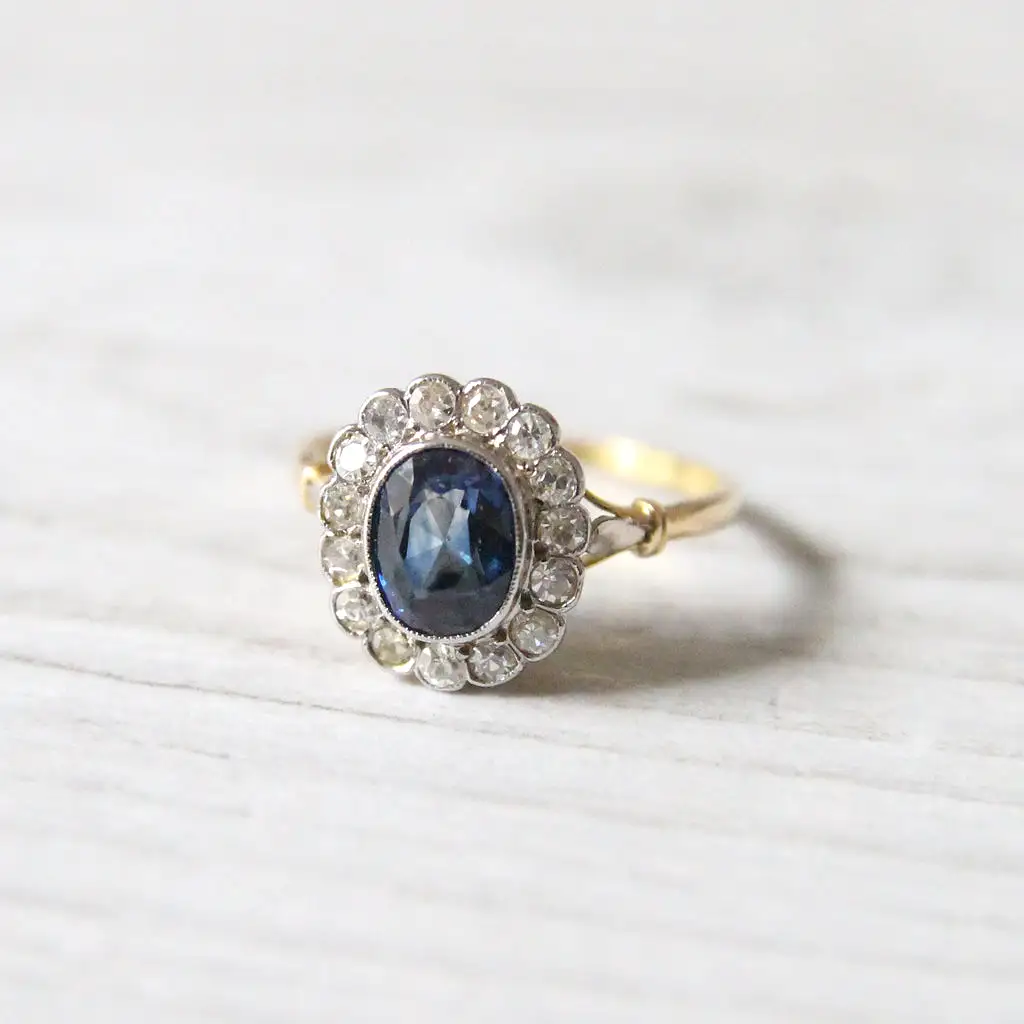 Edwardian Sapphire and Diamond Oval Cluster Ring