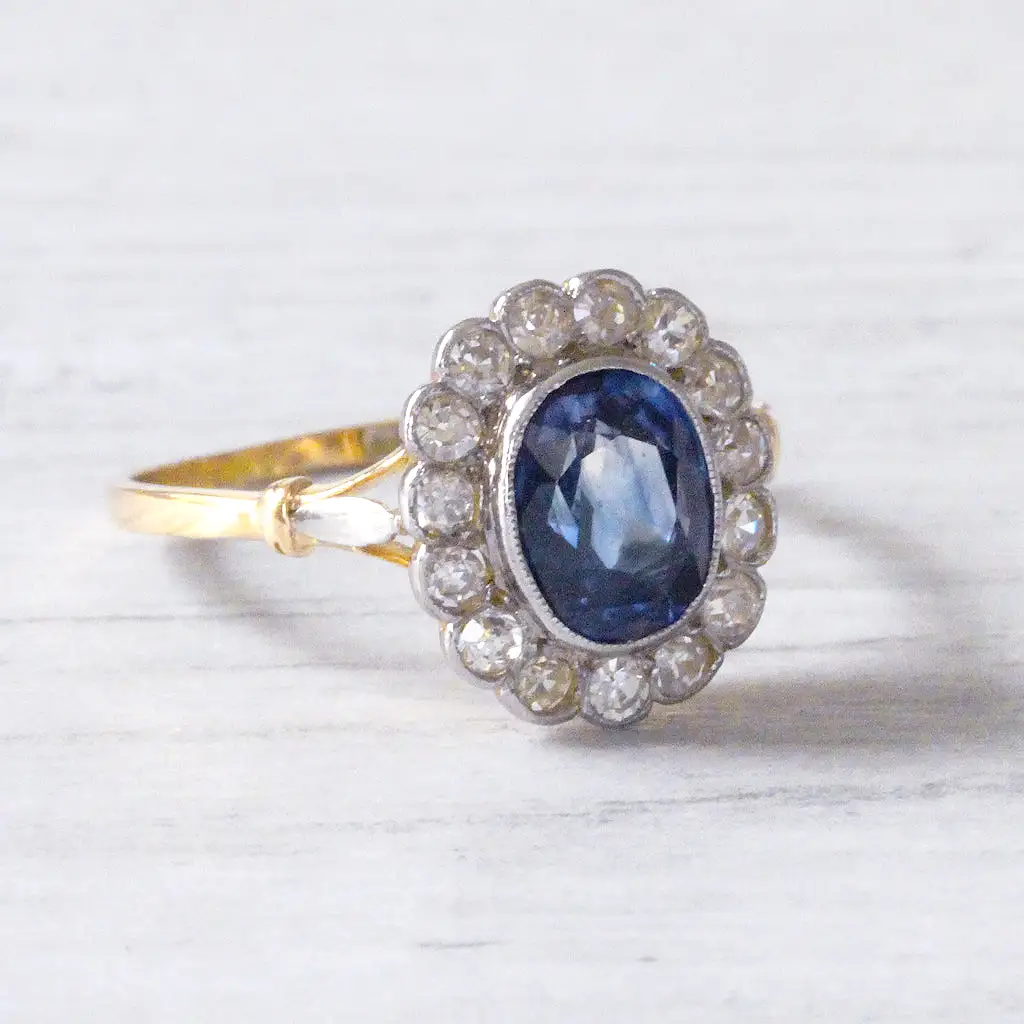 Edwardian Sapphire and Diamond Oval Cluster Ring