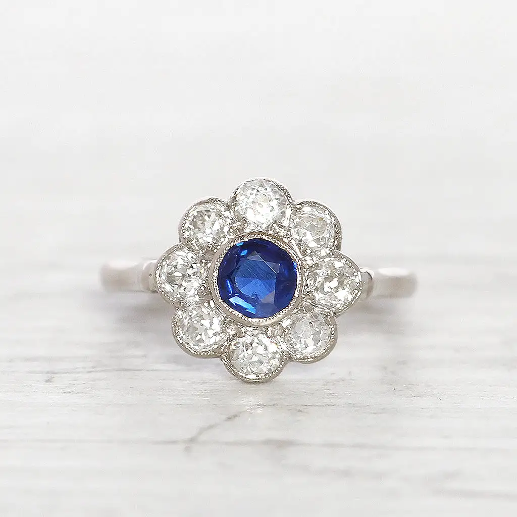 Edwardian Sapphire and Old Cut Diamond Daisy Cluster