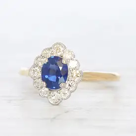 Edwardian Style 0.78 Carat Sapphire and Old Cut Diamond Cluster