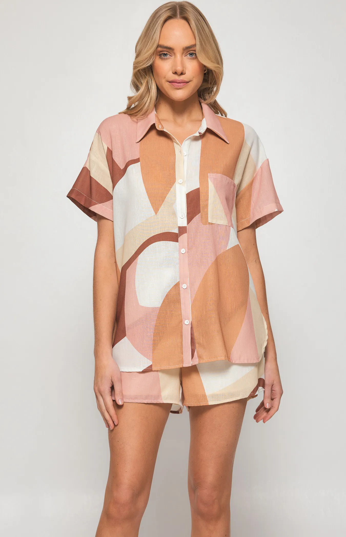 Faux Linen Abstract Print Set with Shirt and  Shorts (WSE277A)