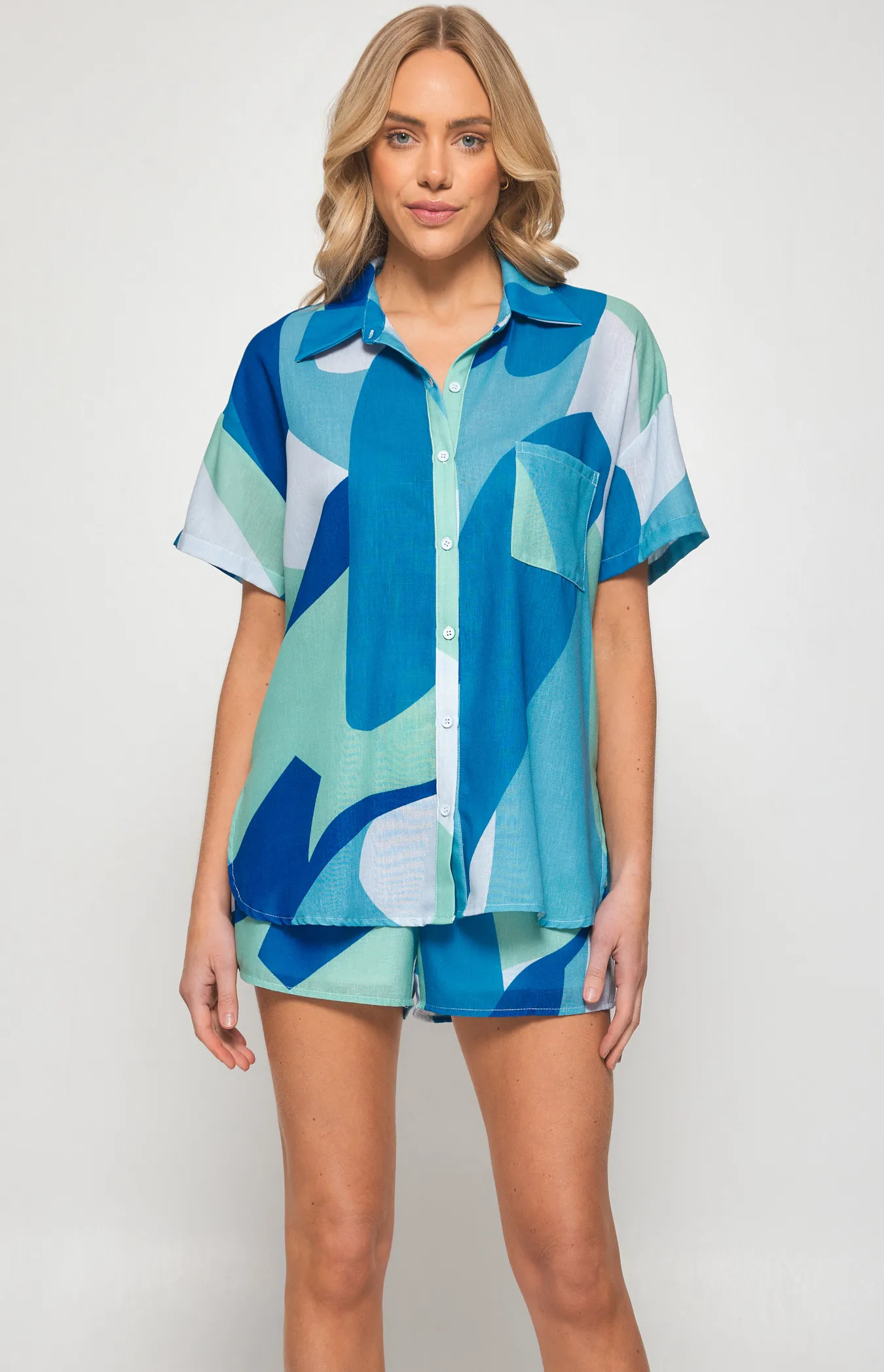 Faux Linen Abstract Print Set with Shirt and  Shorts (WSE277A)