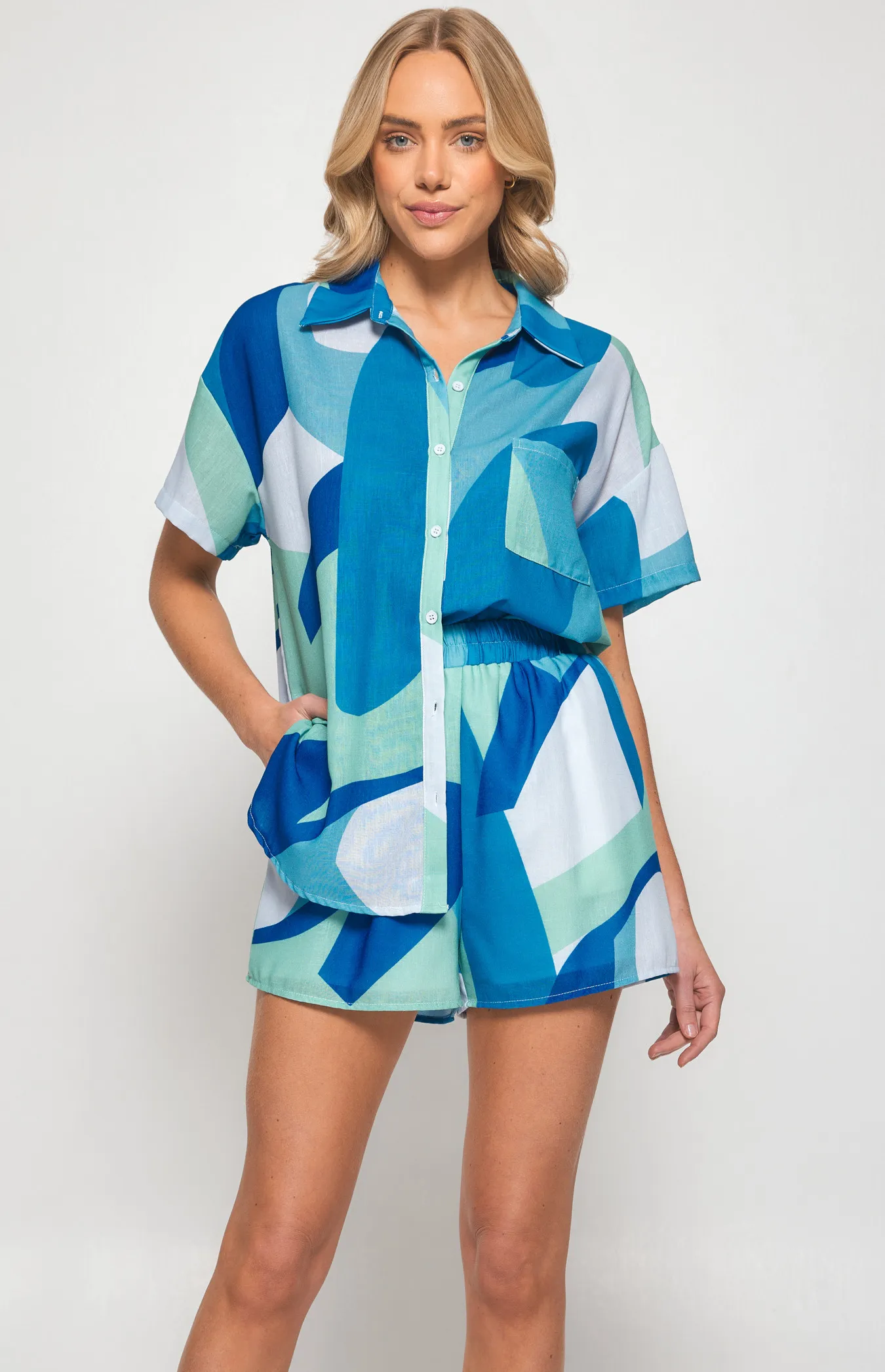 Faux Linen Abstract Print Set with Shirt and  Shorts (WSE277A)