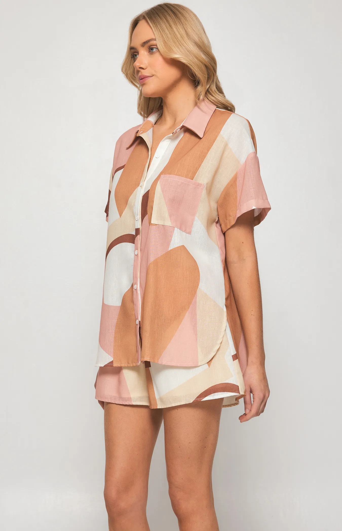 Faux Linen Abstract Print Set with Shirt and  Shorts (WSE277A)