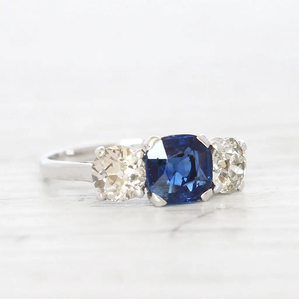 French Art Deco 1 Carat Sapphire and Old Cut Diamond Three Stone