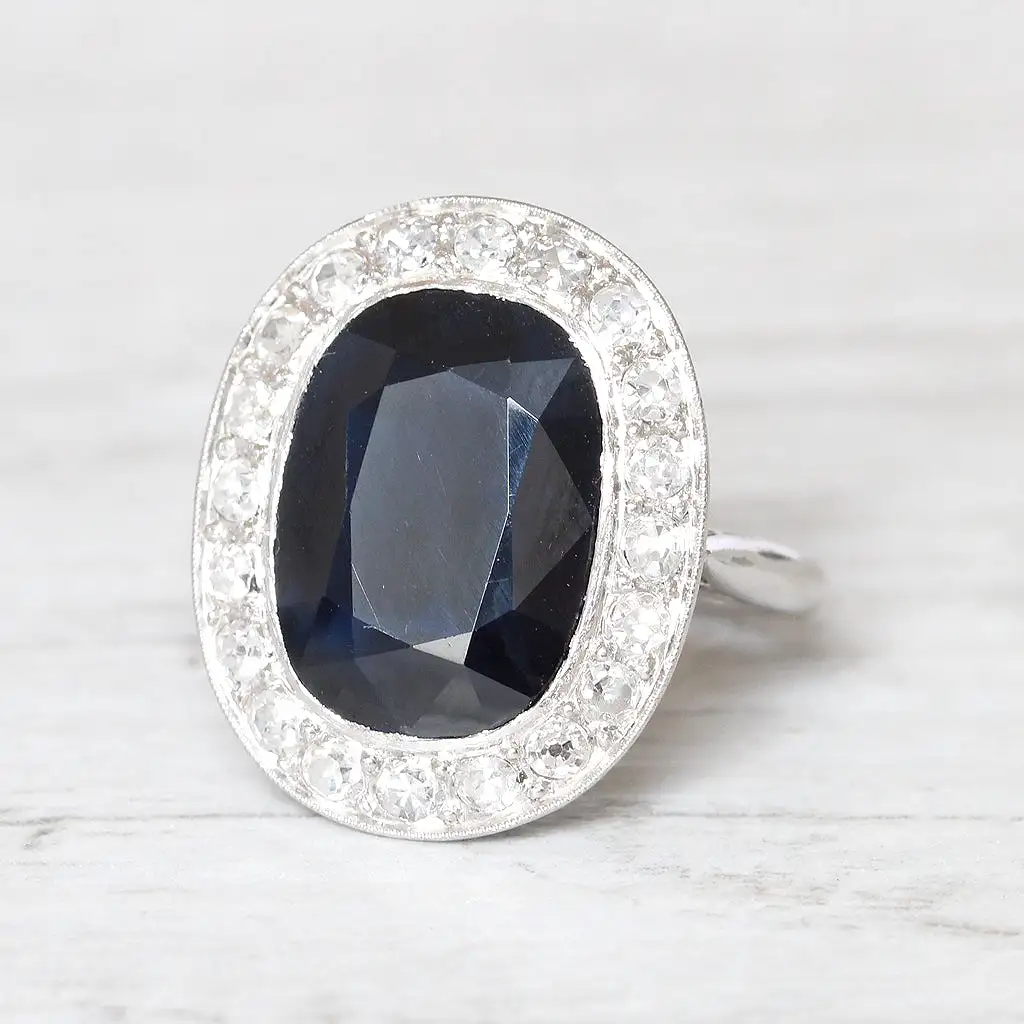 French Art Deco 6 Carat Sapphire and Diamond Cluster Ring