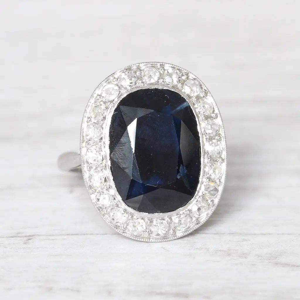 French Art Deco 6 Carat Sapphire and Diamond Cluster Ring