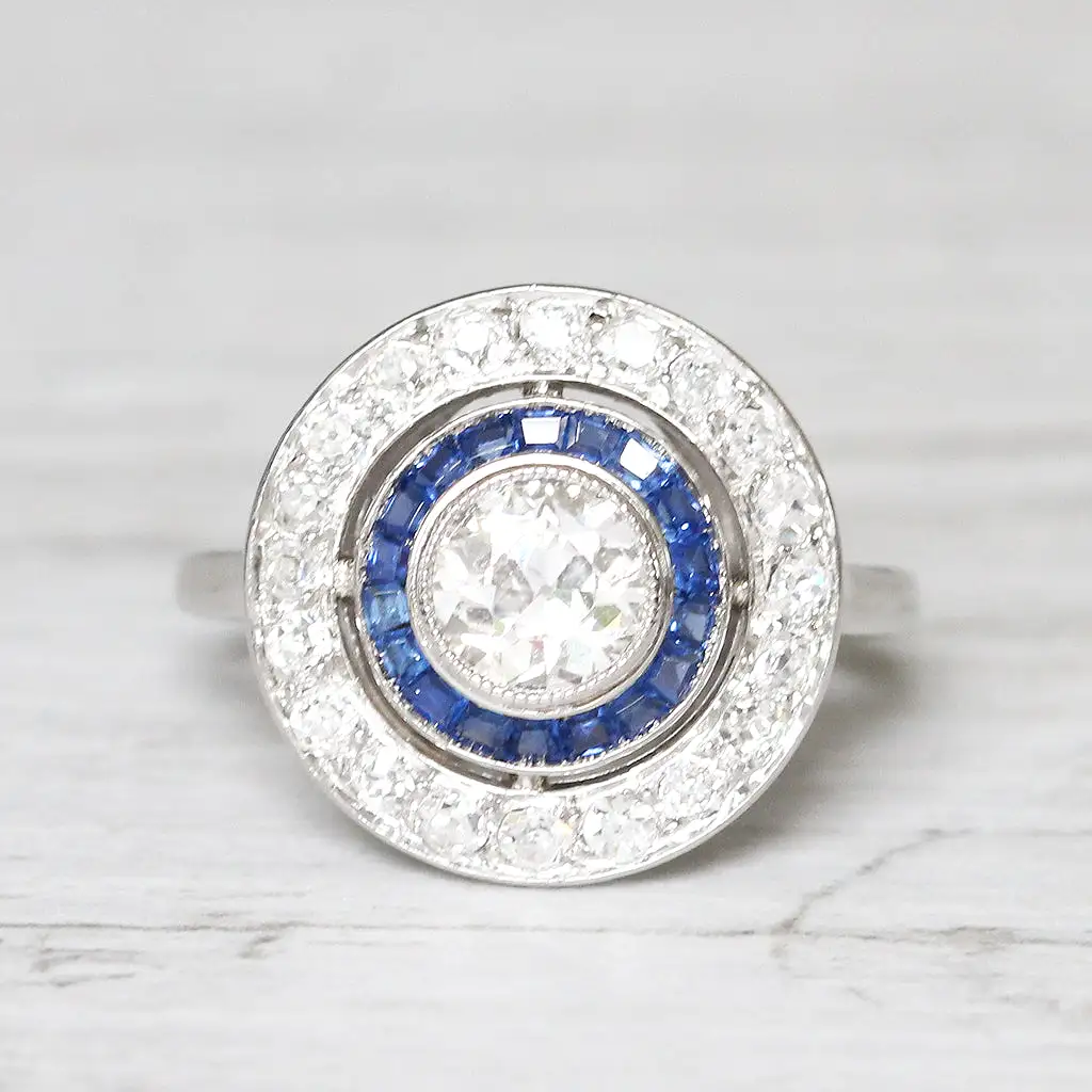 French Art Deco Old European Cut Diamond and Sapphire Target Cluster