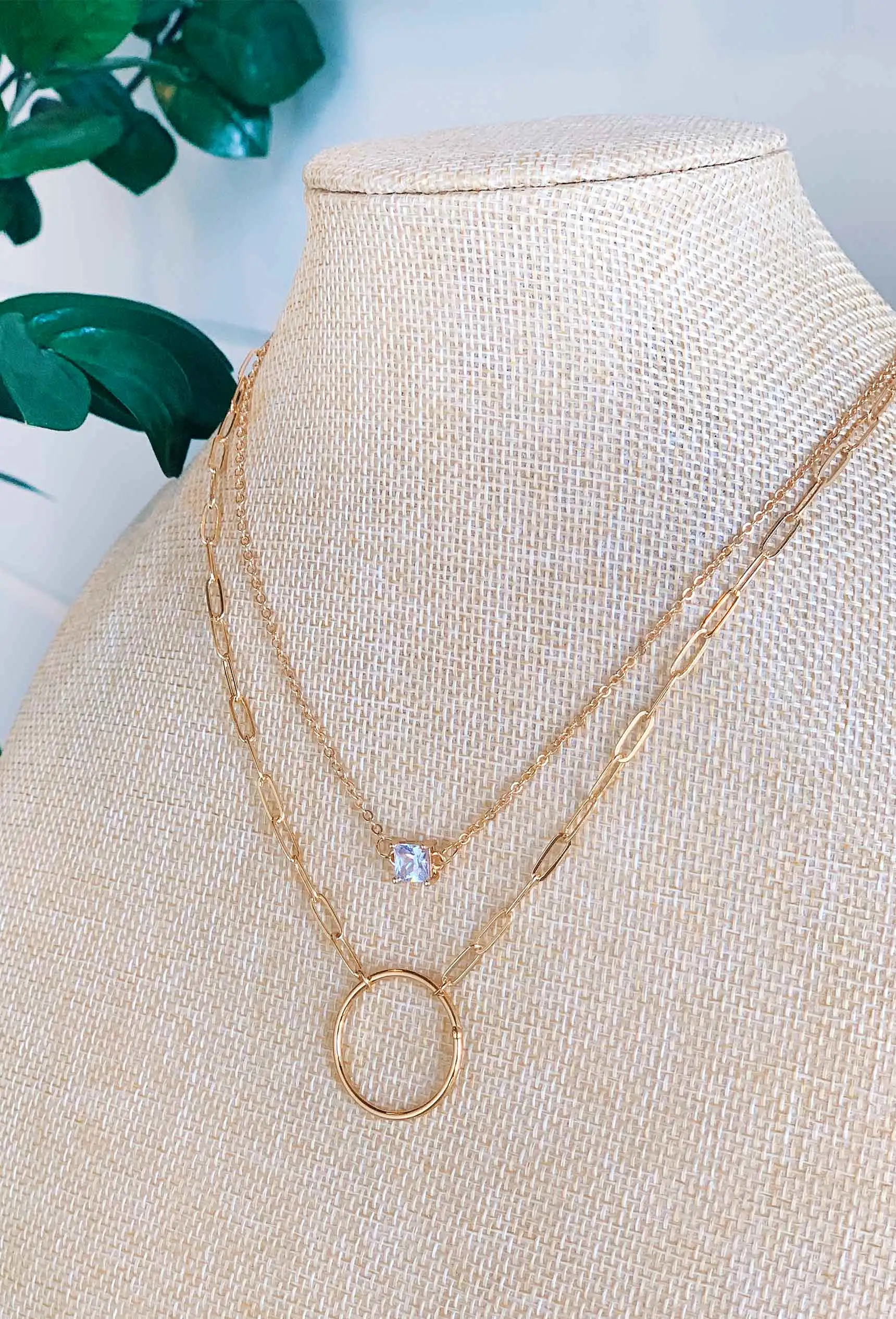 Gold Circle & Crystal Layered Necklace