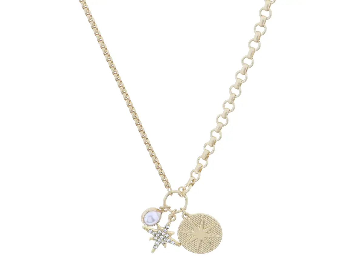 GOLD JUMP RING WITH PEARL BEZEL, CRYSTAL STARBURST, GOLD TEXTURED DISC WITH STARBURST NECKLACE