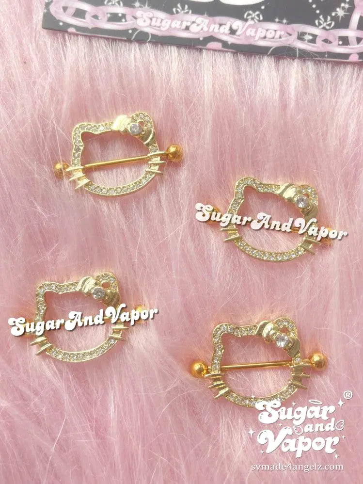 Gold Large Kawaii Kitten Nipple Rings Set