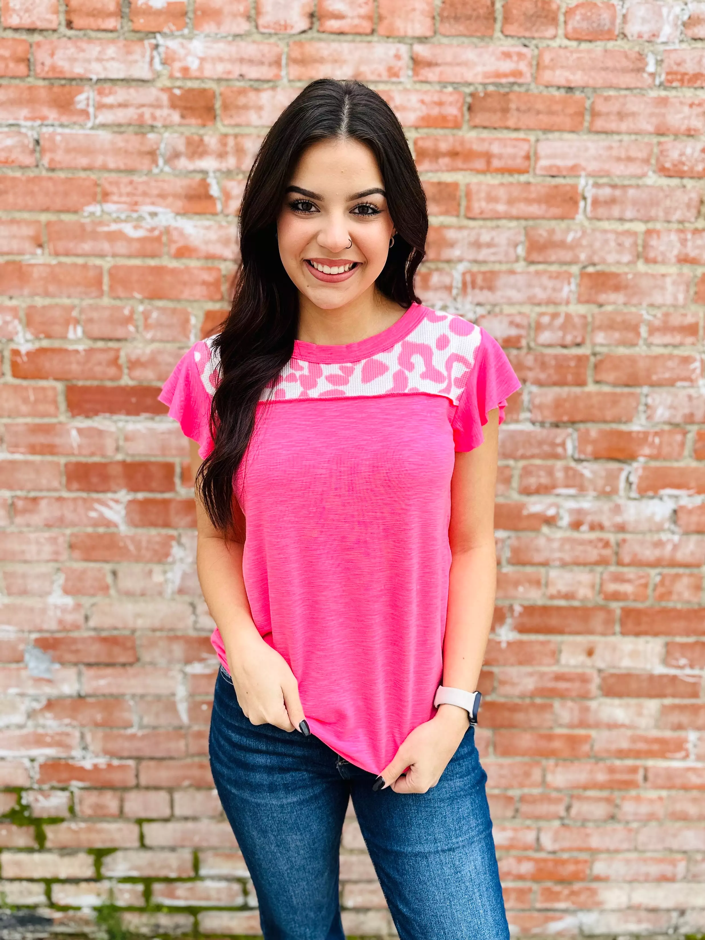 Happiest Here Leopard Ruffle Sleeve Top  Neon Pink