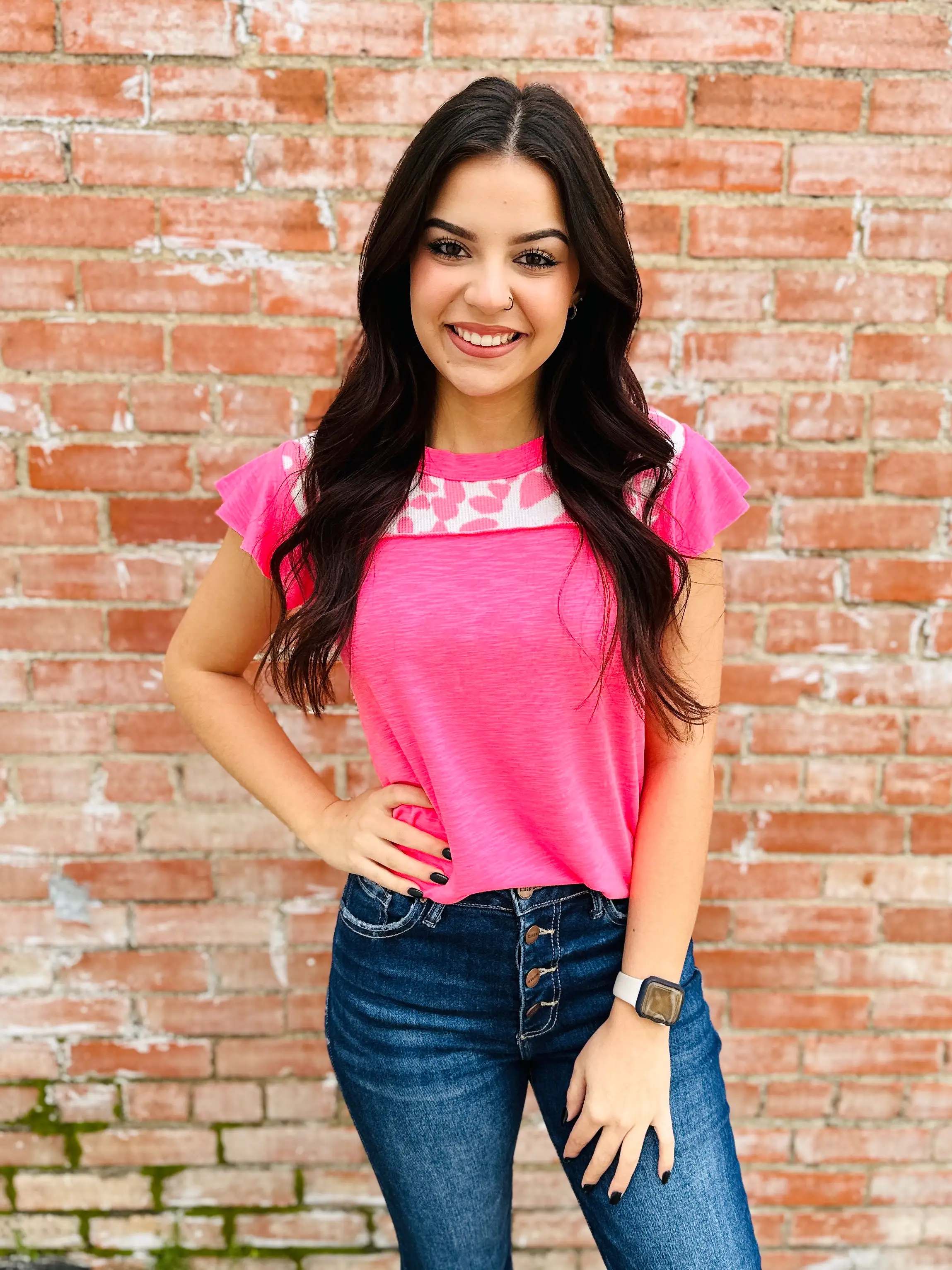 Happiest Here Leopard Ruffle Sleeve Top  Neon Pink