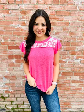 Happiest Here Leopard Ruffle Sleeve Top  Neon Pink