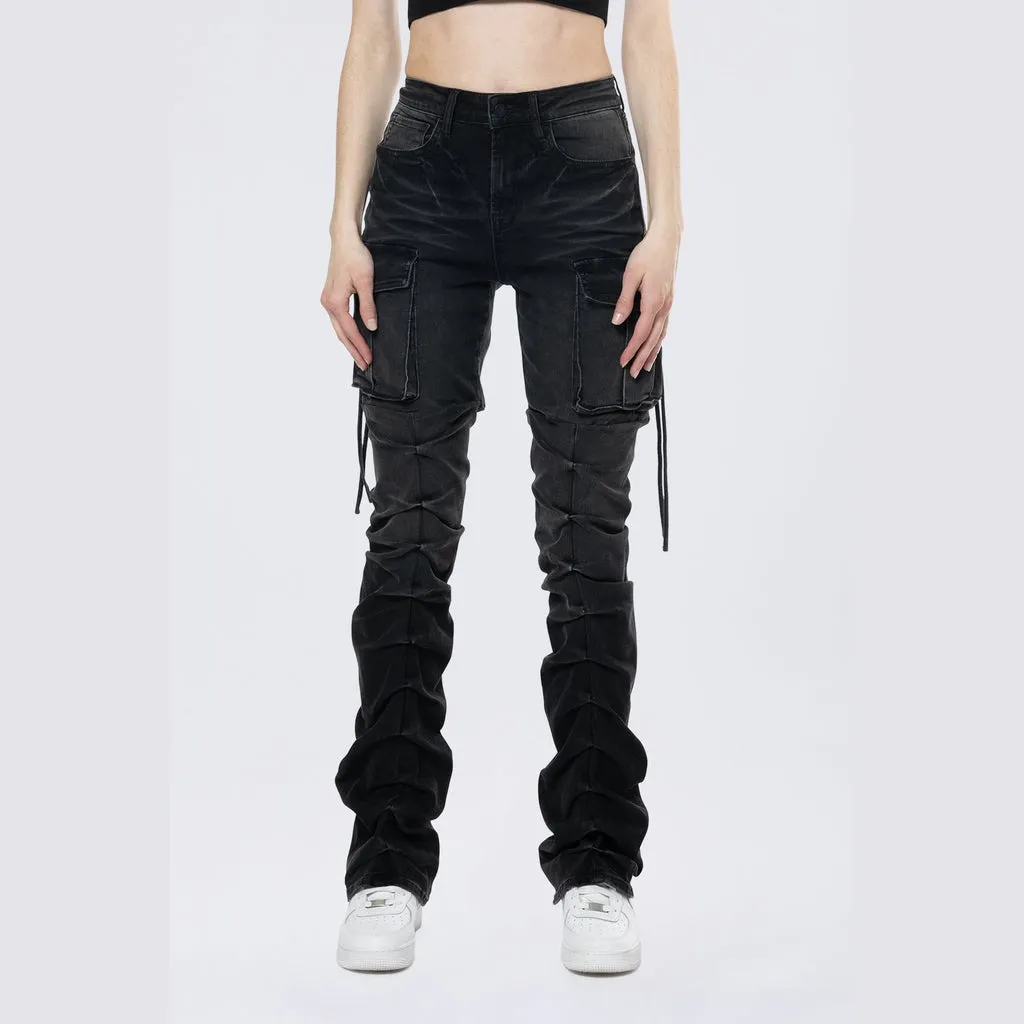 High Rise Bootcut Cargo Jeans - Aurora Black