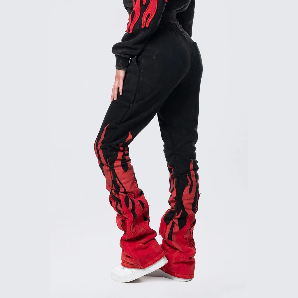 High Rise Stacked Bootcut Racing Flames Jogger - Black