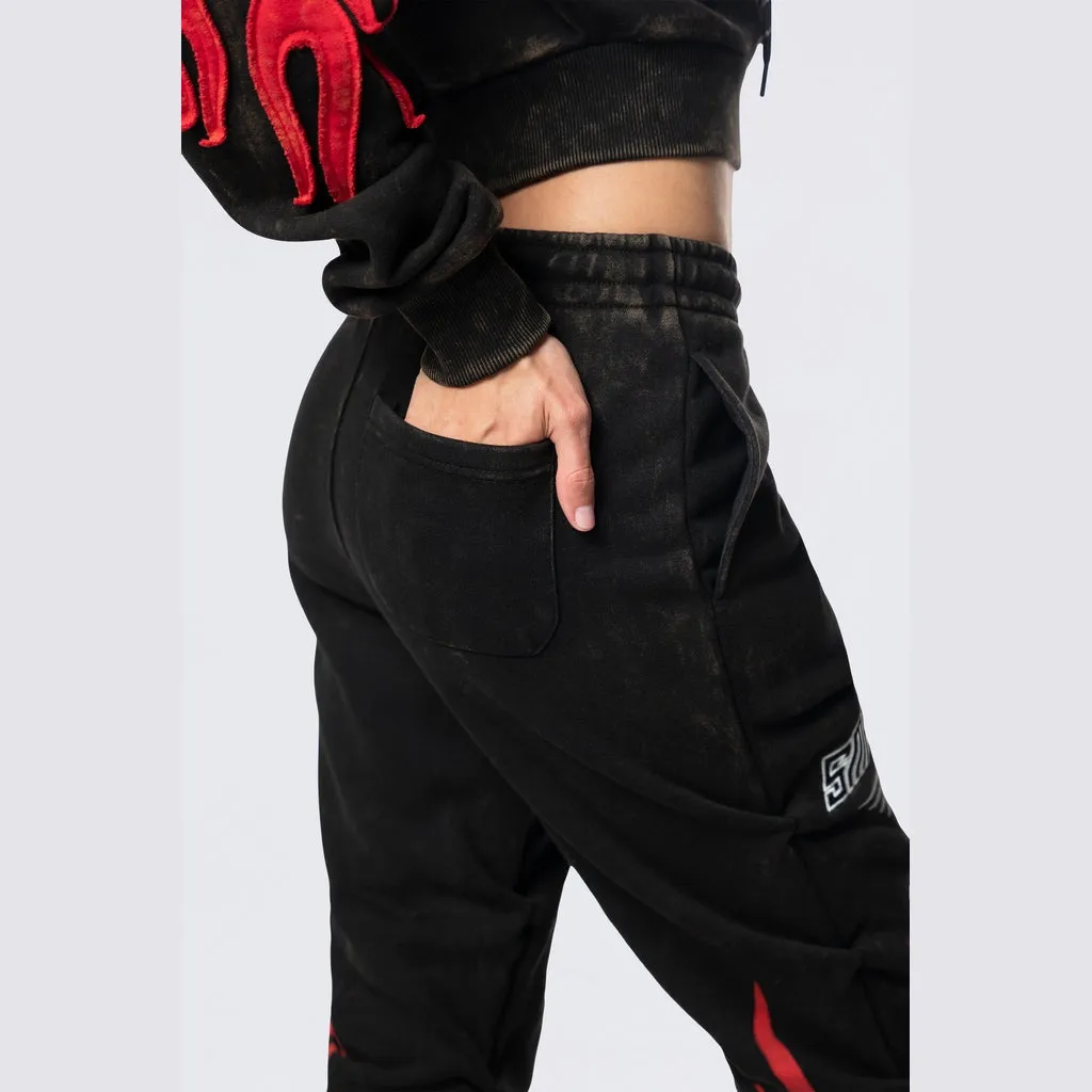 High Rise Stacked Bootcut Racing Flames Jogger - Black